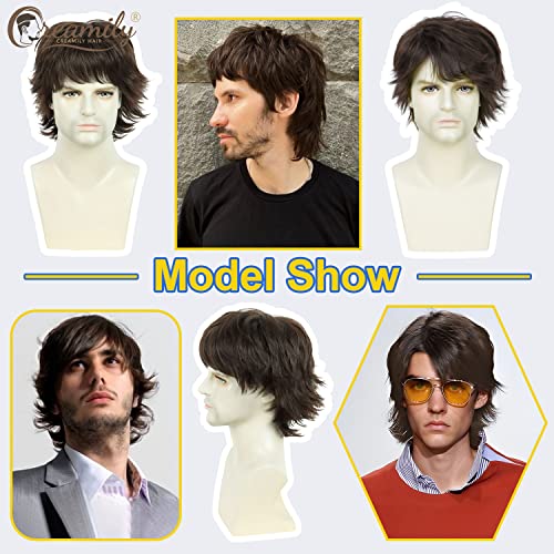 Image of Creamily Short Curly Hair Big Wig for Man,Brown Natural Cosplay for Men,Realistic Man Hair Wig,Layered Fluffy Wolf Cut Wigs (Brown, 10inches)