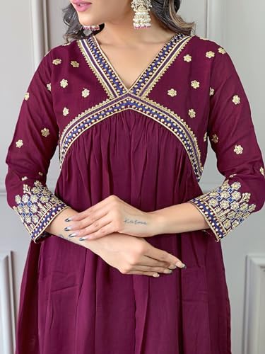Image of Naixa Women's Vichitra Silk Embroidered A-Line Kurta with Pant and Dupatta Sets (NK-442)