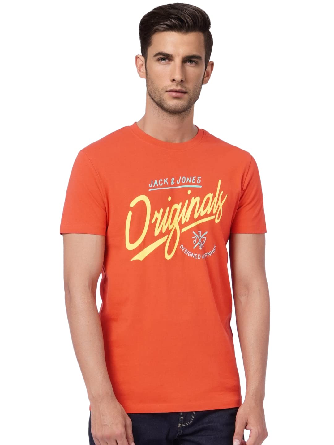 Jack & Jones Men's Cotton Placement Print Slim Fit Round Neck T-Shirt in neutral