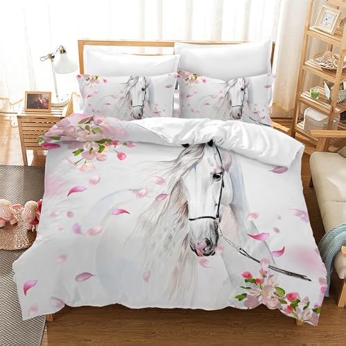 Leleyouzer Housse de Couette Cheval 200×200cm,Parure de Lit Enfant,Housse de Couette Microfibre avec Fermeture éclair + Deux Taies d'oreiller 50x75 cm(Hourse...
