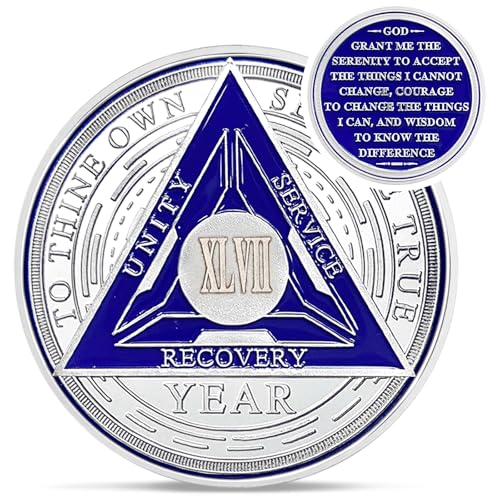 Image of Recovery Triangle 47 Year Sobriety Coin - Silver Roman Numeral NA AA Coins - 1-65 Prime NA /HA /AA Chips and Medallions - Narcotics Alcoholics Anonymous Sober Gifts for Men Women
