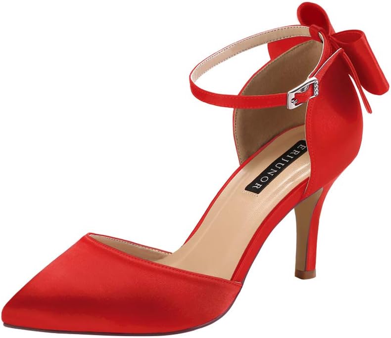 ERIJUNOR Wedding Evening Party Shoes Comfortable Mid Heels Pumps with Bow Knot Ankle Strap Wide Width Satin Shoes