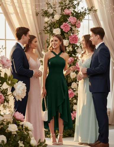 Image of Bbonlinedress Halter Cocktail Women Dresses Prom Formal Wedding Guest Bridesmaid Ruffled Maxi Hi-Lo Evening Party 2026 Dress