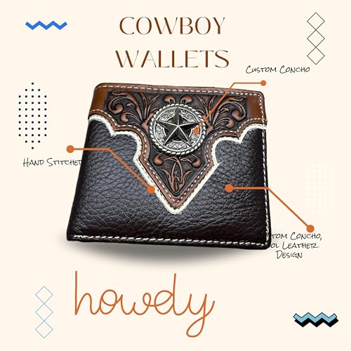 Men’s Short Leather Wallet – Hand Tooled Floral Design with Lone Star Concho – Western Cowboy Bifold Wallet for Texans, Ranchers & Rodeo Gift Ideas4