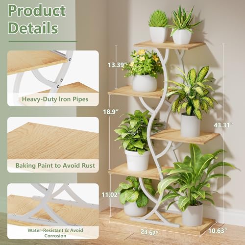 Image of Plant Stand Indoor with Grow Lights - 5 Tiered Corner Plant Shelves (White) | 44 inch Tall Metal Plant Shelf, S-Shape Lighted Flower Holder Dispaly Rack for Living Room, Home, Patio, Balcony