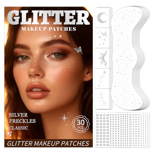 30PCS Glitter Freckles Face Tattoos & Face Gems Set Classic Silver Glitter Temporary Tattoos for Makeup Patches Fake Freckles Face Glitter for Womens Rave Outfits & Accessories