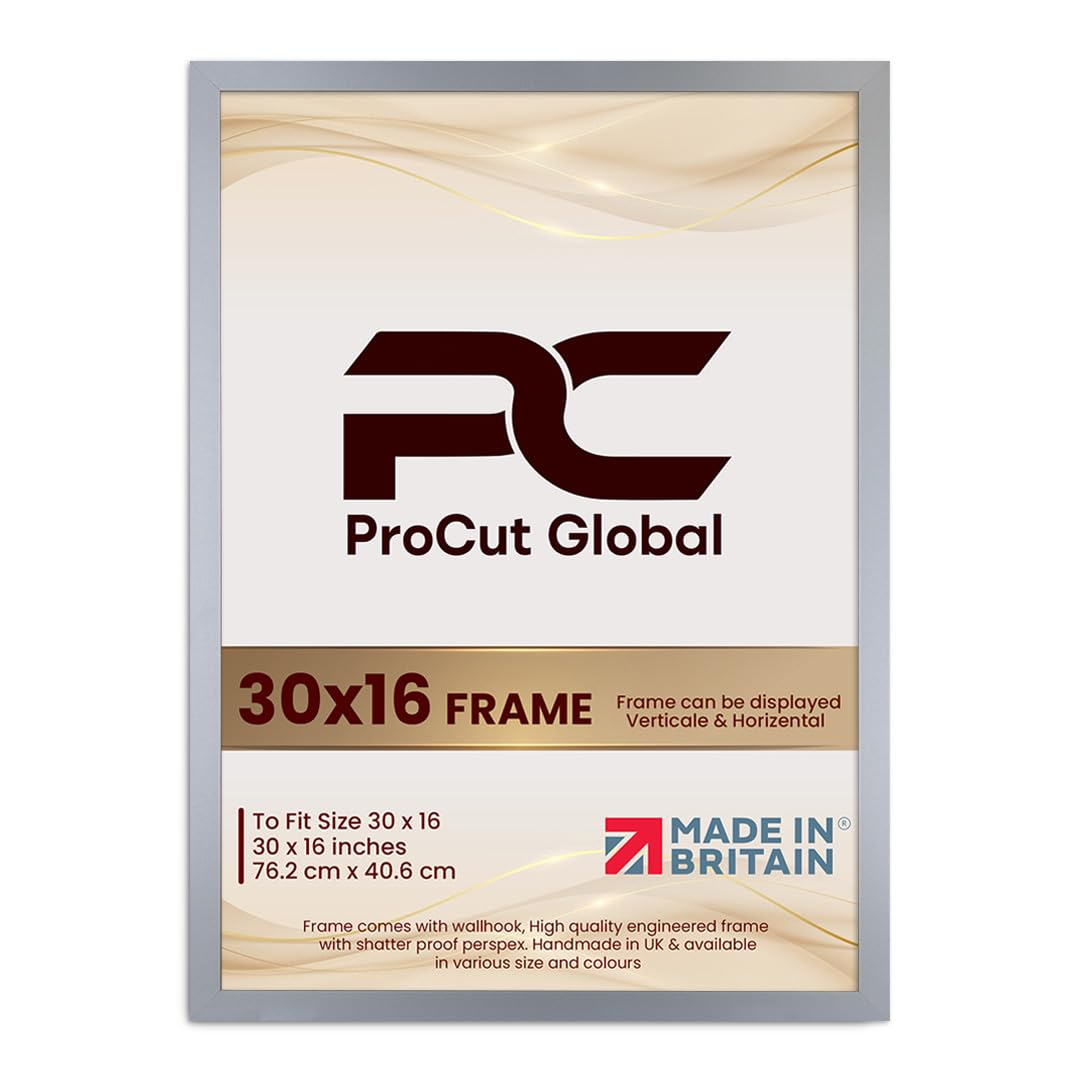 Procut Global 30X16 Silver Picture Frames - Modern Wooden Photo Frame with Shatterproof Perspex for Wall or Tabletop - Perfect for Posters, Certificates, Prints - Sizes & Colors Available