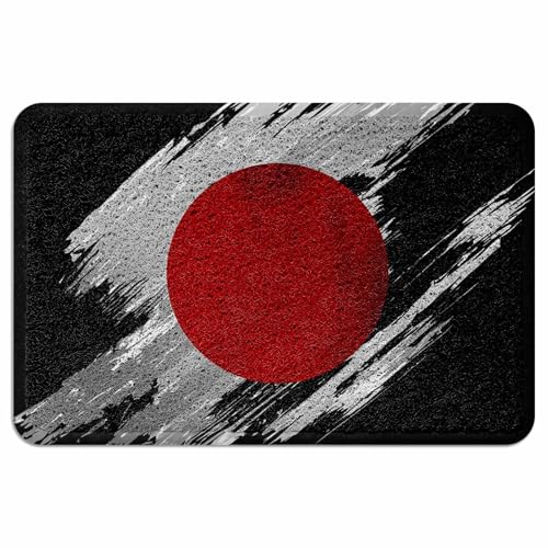 Ooomigasusi 玄関マット 日本国旗 日の丸 和風 ブラック ドアマット 45×75cm 屋内 屋外 ループ状 泥落とし 滑り止め付 吸水 足ふき 洗える 業務用 自宅用 厚手 浴室 お風呂 円角長方形 丈夫 抗菌 防臭