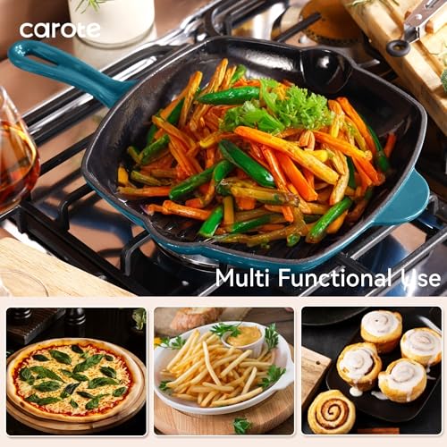 Image of CAROTE Enamel Cast Iron Grill Pan 10.5 Inch, 27cm-Blue, Even Heat Distribution, Gas & Induction Compatible, Oven & Grill Safe,Non-Toxic & Durable Cookware,Ideal for Kebabs & Tikkas