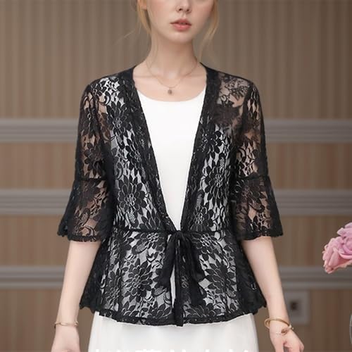 Image of FindThy Women's 3 /4 Flare Sleeve Lace Cardigan Tie Knot Front Floral Knitted Cover Up Shrugs