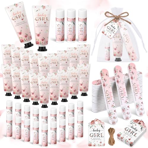 Leelosp 24 Sets Baby Shower Favors Hand Cream Lip Balm Pink Flower Gifts