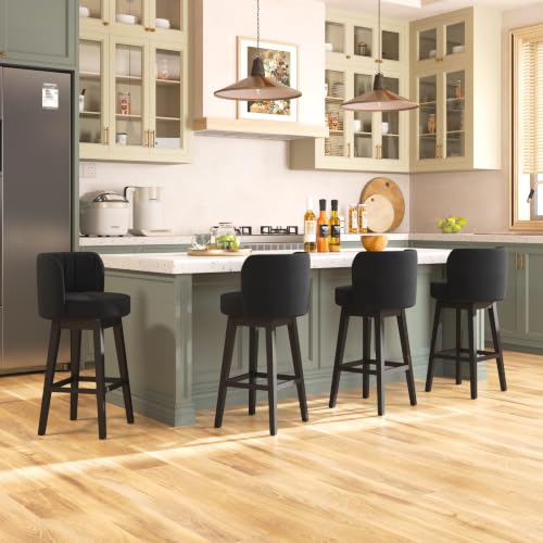 Image of COCO DESIGN Swivel Bar Stools Set of 4, 24 inch Counter Height Mid Century Modern Barstools with Back, Linen Upholstered Seat and Solid Wood Legs, for Bar Kitchen Island, Black