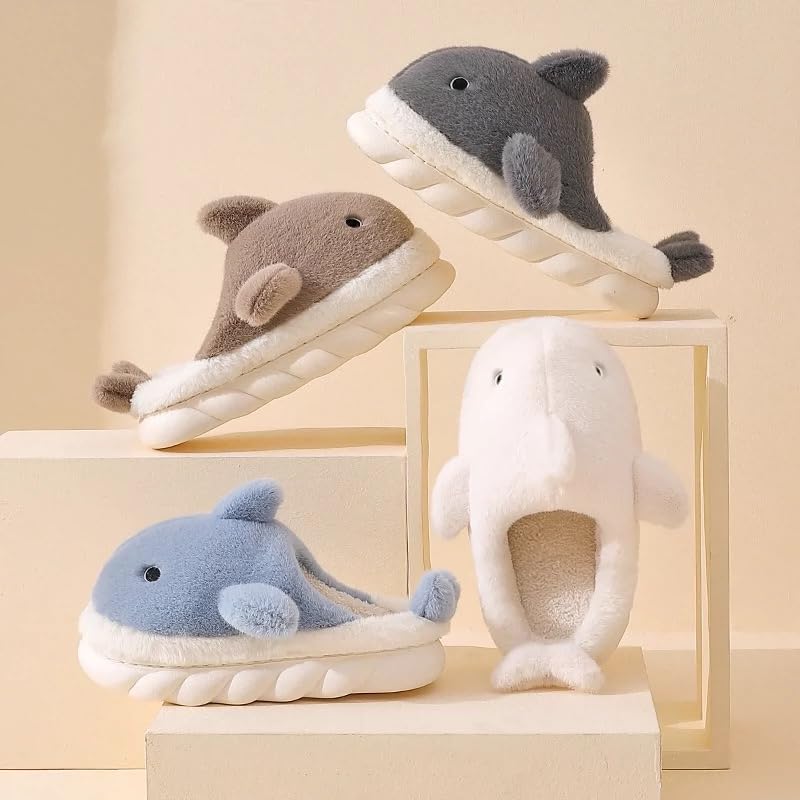 Cute Whale Cotton Slippers for Women, Winter Couples Indoor Home House Warm Cartoon Furry Slippers4