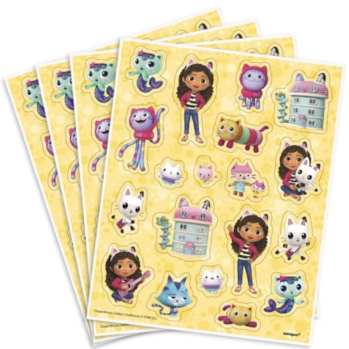 Unique Yellow Paper Gabby Dollhouse Stickers Sheet Favors (Pack of 4) Assorted Perfect Sticker Sheet for Gabbys Dollhouse Themed Party Handouts Kids Party Decor & Creative Fun