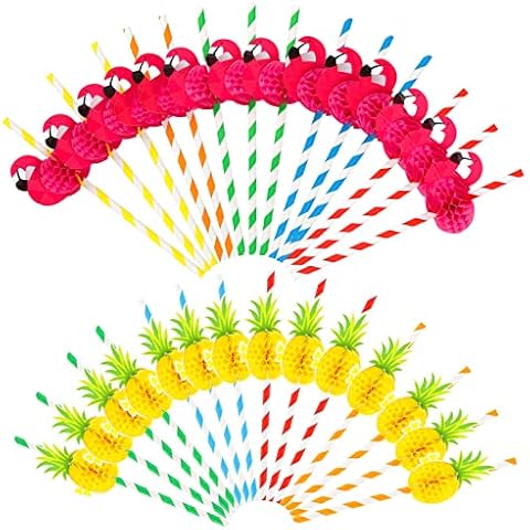 50 Stück 3D Papier Strohhalme Cocktail Strohhalme Flamingo Strohhalmen Ananas Cocktail Sticks Biologisch Abbaubare Einweg Trinkhalme Strohhalmen für Tropical Drinks Strand Hochzeit Hawaii Party Deko Cover