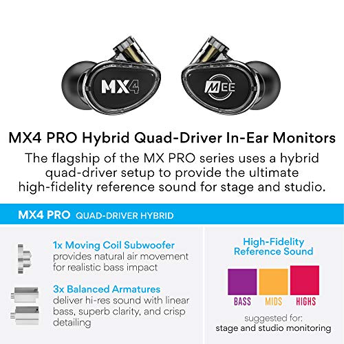 Image of MEE audio Professional MX4 PRO Quad-Driver Hybrid Musicians In Ear Monitor Headphones with High-Resolution Reference Sound; Noise Isolating Earbuds Earphones with Detachable Cables, Black