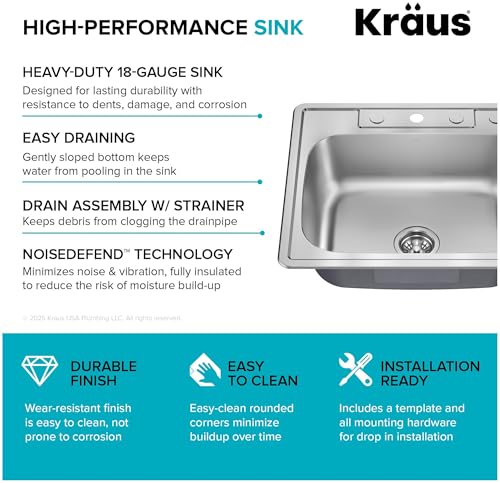 Image of KRAUS Premier 25-inch Drop In /Top Mount Single Bowl 18-Gauge Stainless Steel Kitchen Sink with Strainer, KTM101-25
