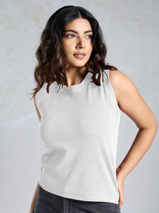 Image of Women's Black Ribbed Sleeveless Tank Top, Round Neck, Casual Everyday Wear