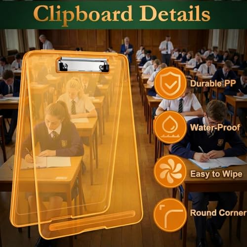 Image of Yajnas A4 Size Clipboard with Storage Box | 180 Foldable Exam Pad & Writing Board | Heavy Duty Plastic File Folder with Pen Holder & Paper Storage for Students, Office & Field Use (Saffron)