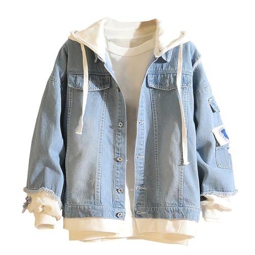 Chaquetas para hombre 2026 de mezclilla desgastada con capucha adjunta, estilo casual, ajuste holgado, estilo urbano sintético, diseño de dos piezas, abrigo lavado, azul claro, M