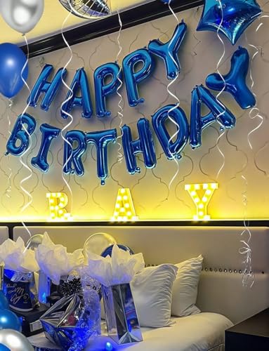 Image of Blue Happy Birthday Balloon Banner, 16 Inch Blue Happy Birthday Foil Balloons, Classic Letter Balloons Sign for Men and Boys, HBD Party Decorations, Photo Backdrop Supplies