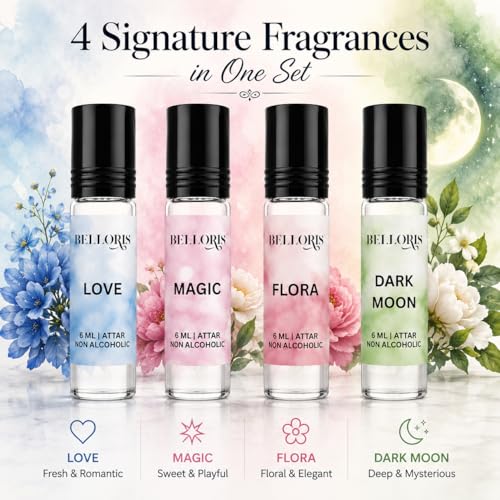 Image of Premium Attar Gift Set for Men & Women | Love, Magic, Flora & Dark Moon | Non Alcoholic Roll-On Perfume Oil | Long Lasting Fragrance | 4 x 6ml (24ml Total)
