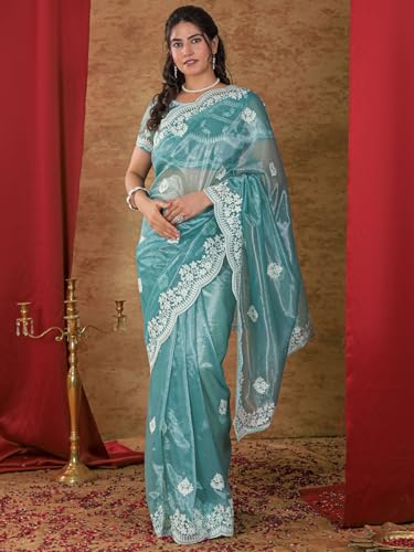 Image of Satrani Women's Net Embroidery Saree with Unstitched Blouse Piece