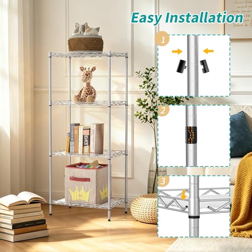 Image of BestOffice | 4-Tier Wire Storage Shelves | 12 inchD x 18 inchW x 44 inchH | Chrome | with Adjustable Racks PP Liners | Compact Metal Shelf, Holds Upto 600 lbs | Ideal for Kitchens Closets Bathrooms Small Corners