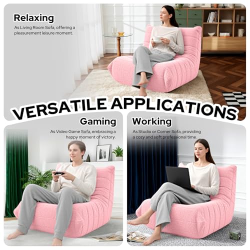 Image of Bean Bag Chairs Fireside Lazy Floor Sofa,Single,Pink | Soft Teddy Fleece Bean Bag Sofa with High-Resilience Foam Filling,Beanbag for Living Room, Bedroom, Office