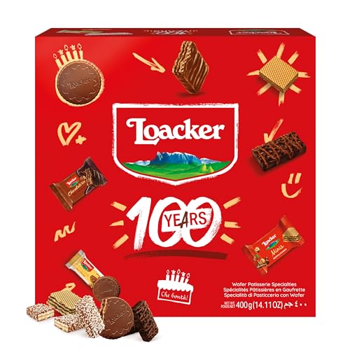 Loacker "Best of Moments" 100 Jahre Jubiläumsedition Mischung (400g) • Mix aus Mini-Waffeln & Schokoladenspezialitäten mit Haselnuss, Vanille, Kokos • Schokoladenmischung • Partybox oder zum Naschen