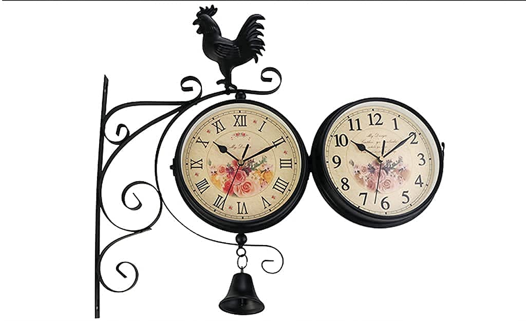 Horloge Murale D'Extérieur, Horloge Murale Décorative Rétro Double Face avec Cloche De Coq, Horloge Silencieuse en Fer Forgé pour Salon, Piscine, Terrasse, W