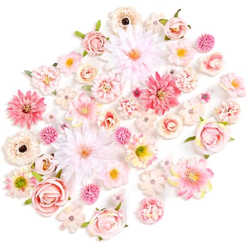 WQLLWFC 48 PCS Pink Flower Cake Decorations Artificial Flower Heads DIY Mini Fake Rose Daisy Multicolor Flower, Suitable for Wedding, Valentine's Day, Wedding Party, Girls Birthday