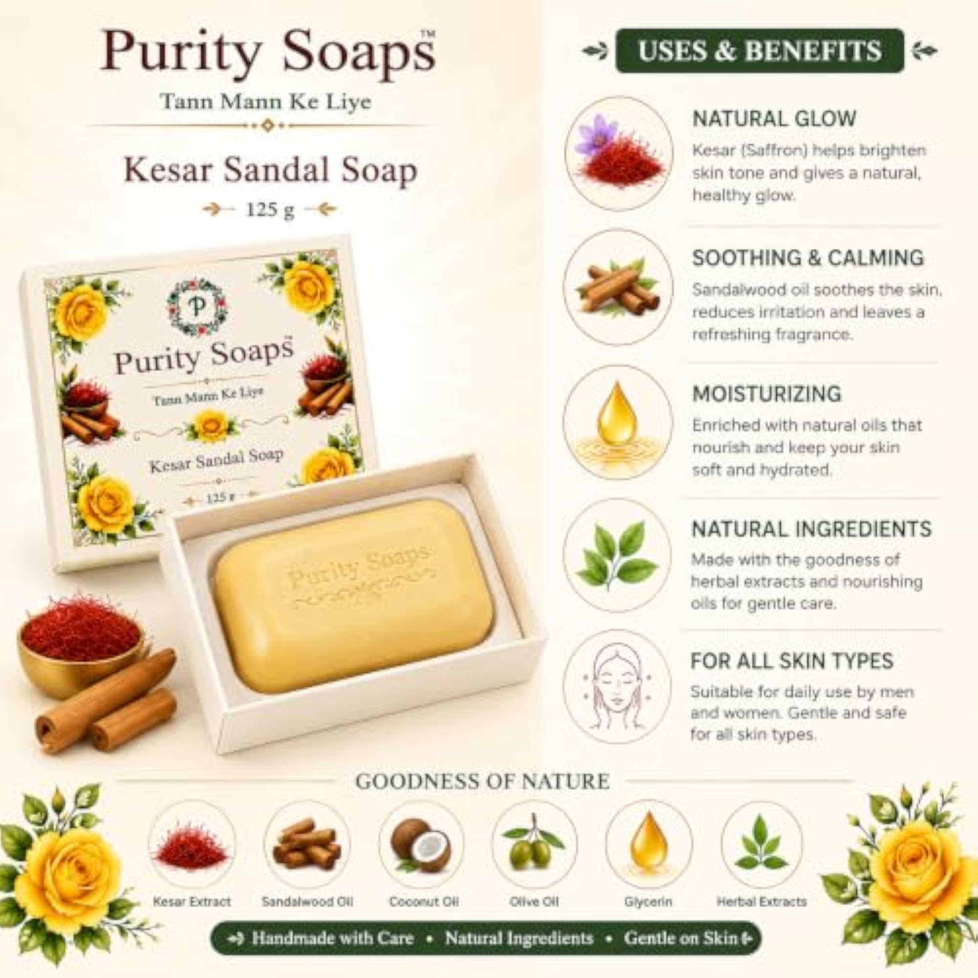 Kesar Sandal Handmade Bathing Soap 125 g, Natural Care Gift