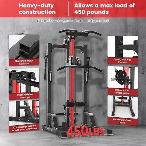 Image of Pull Up Bar Power Tower Dip Station,Cable Machine-Integrated 450LBS Multi-Function Adjustable Height Fitness Strength Training Equipment for Home Gym Strength Training Equipment