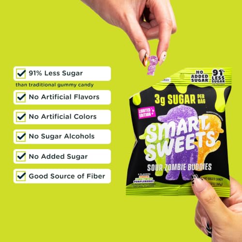 Image of SmartSweets Sour Zombie Buddies Low Sugar Gummy Candy, Healthy Snacks for Kids and Adults, Halloween Treat, 50g bags, Pack of 14