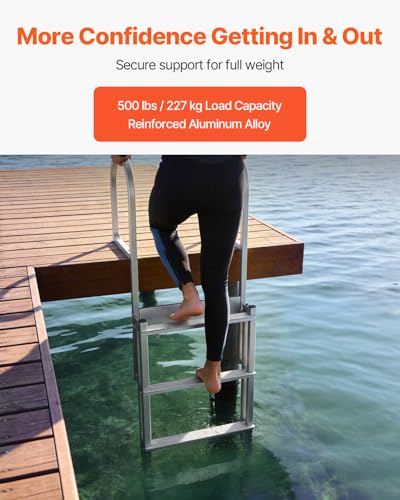 Image of VEVOR Retractable Dock Ladder, 5 Steps, Aluminum Alloy Pontoon Boat Swim Ladder with Auto-Lift Float, Non-Slip Wide Steps, Adjustable Height, 500 lbs Weight Capacity, for Lake Swimming, Pool, Boat