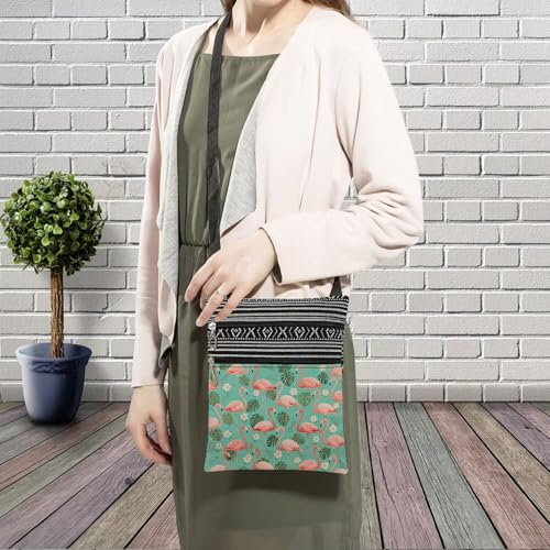 Green Flamingo Messenger Bag Small Ethnic Pattern Adjustable Strap Crossbody Zipper Pouch Flamingo Phone Organizer Wallet Cute Shoulder Handbag for Women Friends3