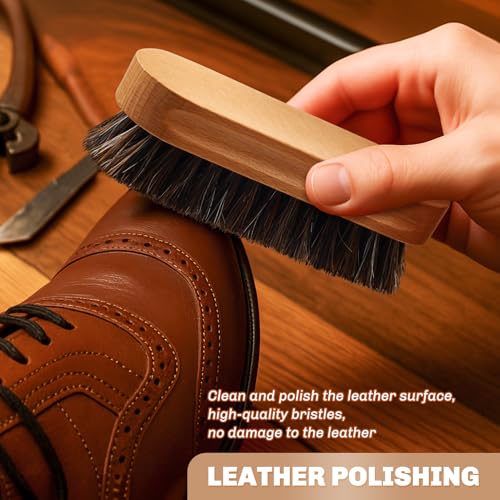 Image of 2 Pcs Horsehair Shine Shoes Brush Kit Polish Dauber Applicators Cleaning Leather Shoes Boots Care Brushes Suede Cleaner Brush(Wooden Concaved Brush)