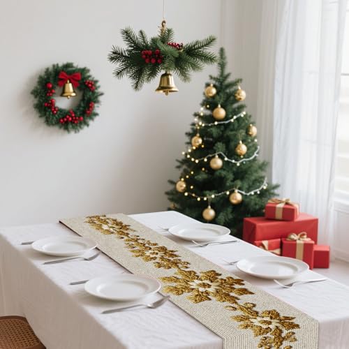 Image of Nuxovilar Gold Snowflake Table Runner Flax 13x72 in