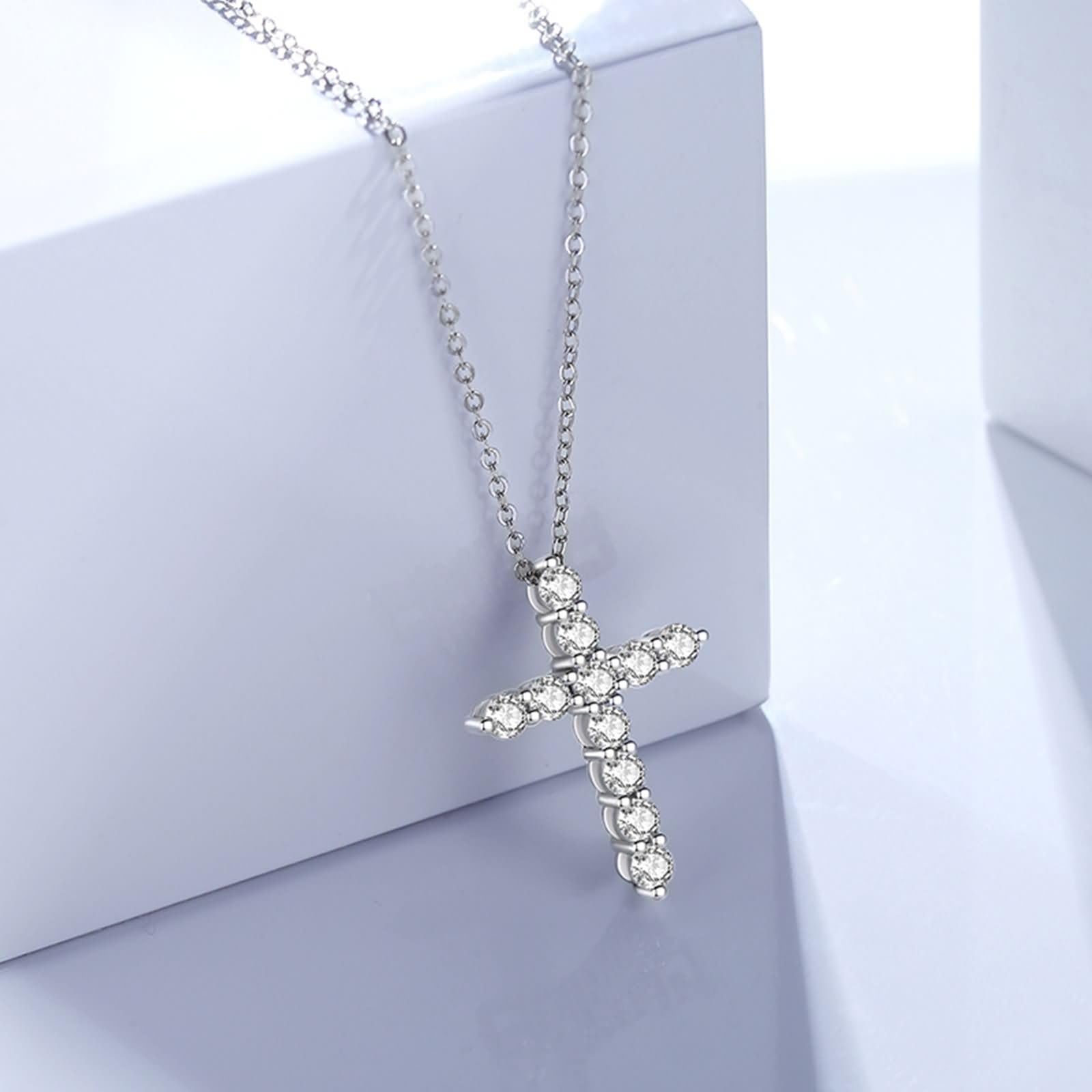 9K / 14K / 18K White Gold Necklace Women, Moissanite Cross, Silver Pendant Necklace for Women