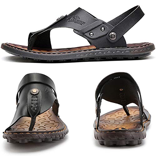 Mens Sandals Flip Flops for Men Shoes with Toe Ring Casual Summer Leather Black3