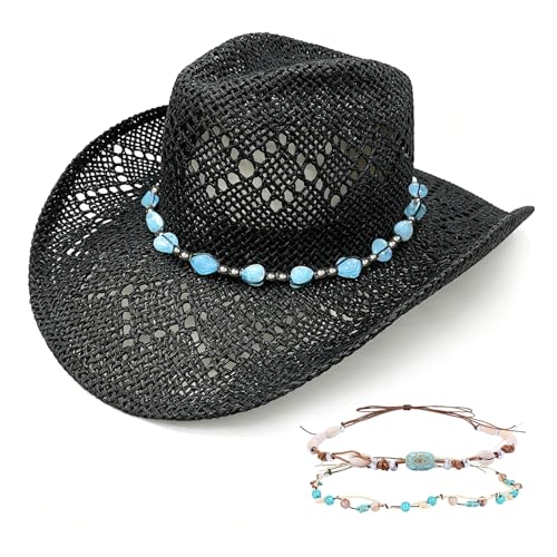 Mens Womens Straw Cowboy Hat Western Cowgirl Hat Wide Brim Hollow Out Sun Beach Hat with Three Decorative Bands (US Alpha One Size Black)