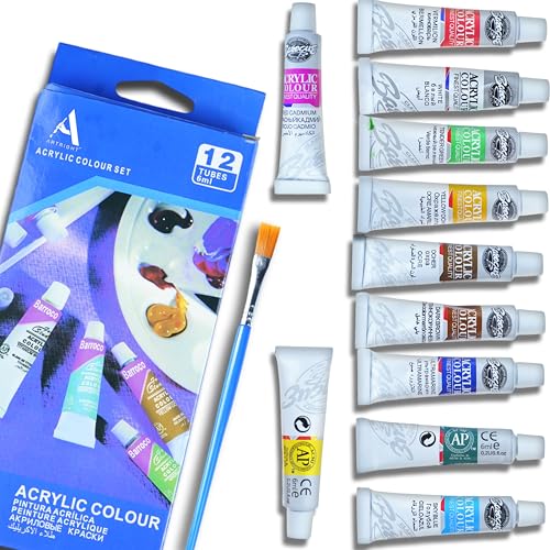 Image of 36 Pcs Painting Kit for Beginners & Kids with 3 Paint Brushes, 20 Mixed Media Papers, 1 Painting Palette, Artists Acrylic Color Set of 12 (6ml each)