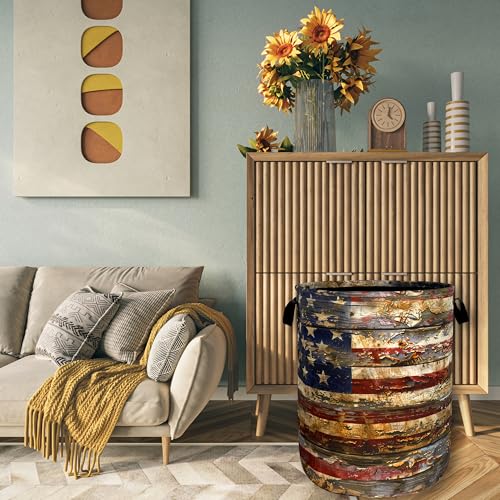 Image of Vintage American Flag Laundry Basket Oxford Cloth Hamper18.9 inch x 16.5 inch