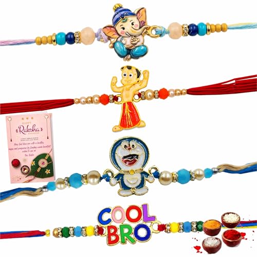 Image of Fabbites Rakhi Combo Set of 4 for Kids, Cartoon Character Cute Design Premium Rakhi for Kids Boy,Girl,Small /Little Brother,Baby,Toddler,Nephew with Rakshabandhan Greeting Card,Tikka Set