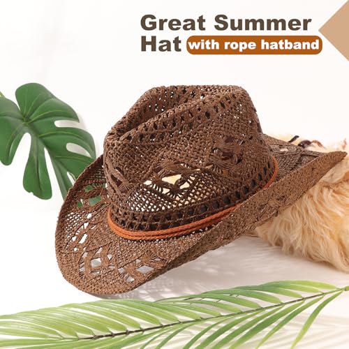 Image of DRESHOW Straw Cowboy Cowgirl Hat for Women Men Western Coastal Cowboy Beach Hat with Shapeable Brim Unisex Rolled up Caps