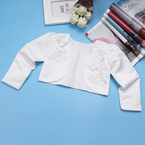 Kids Girls Long Sleeves Bolero Jacket Shrug Flower Lace Beaded Short Cardigan Sweater Flower Girl Dress Cover Up3