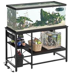 Bestier 55 Gallon Fish Tank Stand with Power Outlet, 49×13 Metal Aquarium Stand, 6-Leg Long Reptile Tank Stand with 3-Tier Adjustable Storage Shelves, 700LBS Capacity, Black Oak