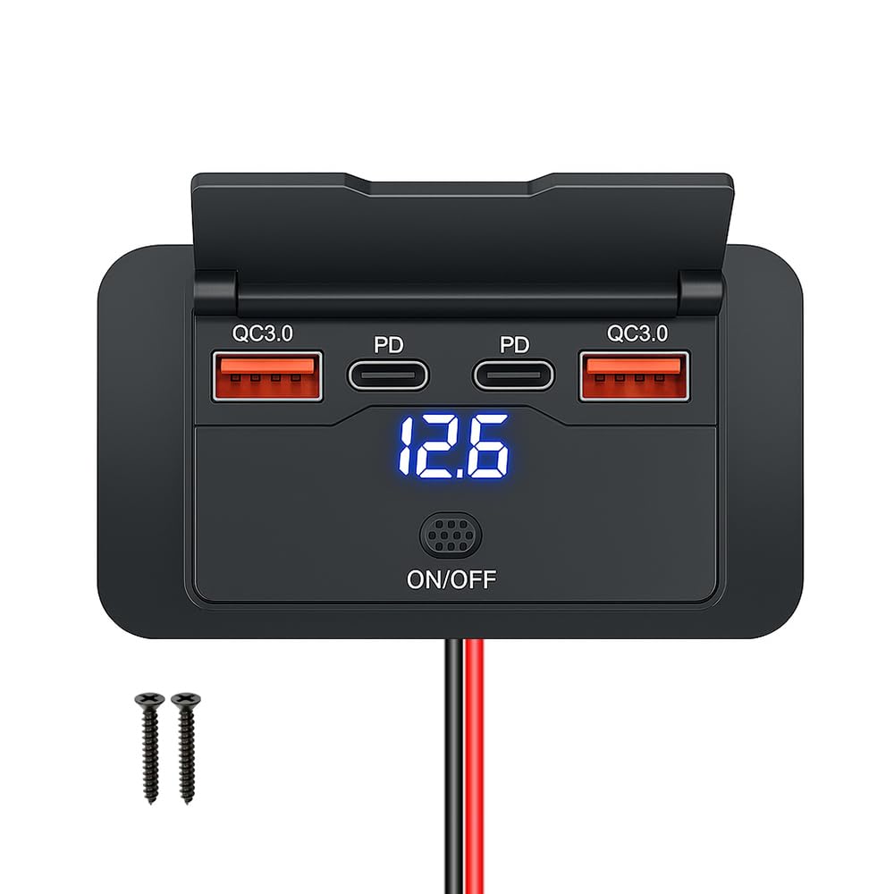 KEEDIN 96W 12V USB Outlet Panel Wall Mount–Dual 36W PD & Dual QC3.0 18W Car USB Charger Socket, Waterproof Switch, Surface Mount for RV, Boat, Truck, ATV, Marine