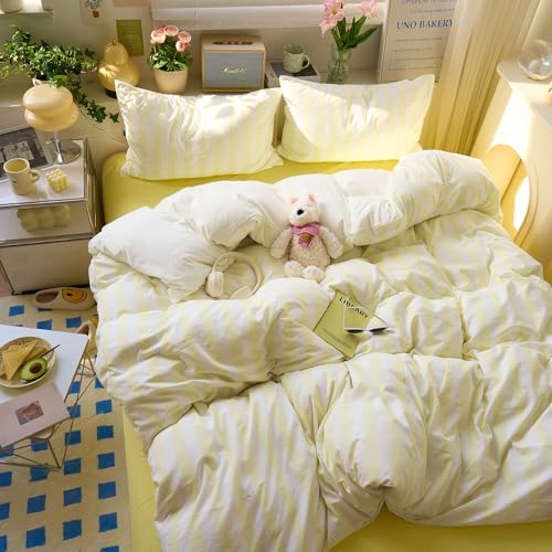 Image of EAVD Yellow and White Vertical Striped Duvet Cover King Soft Washed Microfiber Farmhouse Yellow Striped Bedding Set with 2 Pillowcases Reversible Geometric Pattern Duvet Cover with Zipper Closure